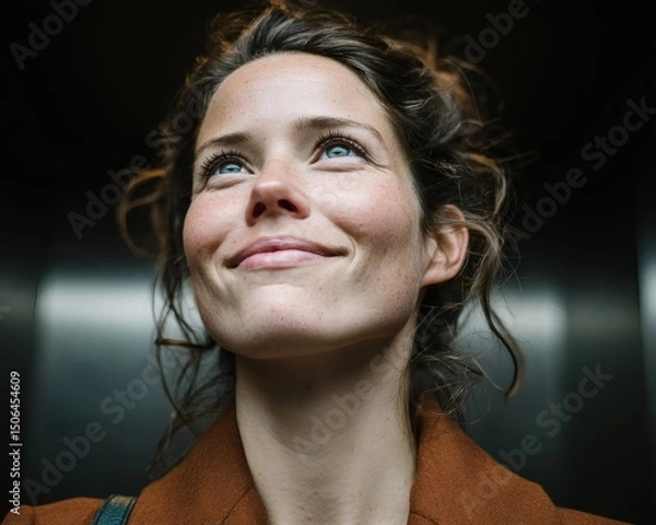 Fototapeta Close-up portrait of a smiling woman with fair skin and curly hair, looking upward with a dreamy expression, wearing a brown coat and standing indoors against a dark background