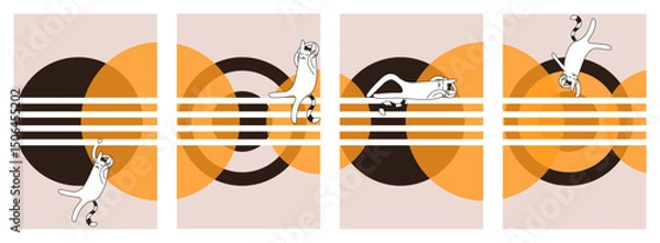 Fototapeta Set trendy Abstract poster with geometric shape and flat cat. Perfect retro Music poster set. Vector illustration of contemporary modular painting with animal. EPS 10