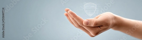 Obraz A hand holding a digital shield icon, symbolizing protection, security, and safety with a tech focus.