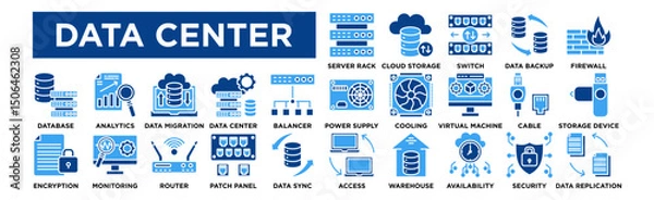 Fototapeta Data center icon collection set. Server Rack, Cloud Storage, Network Switch, Data Backup, Firewall