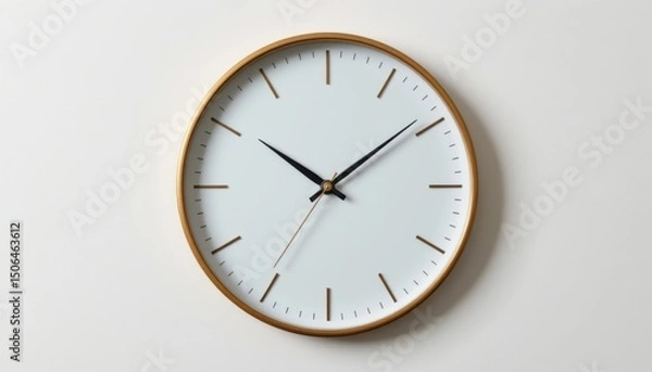 Fototapeta minimalist wall clock with thin brass frame and soft white matte face, isolated object with no inscriptions or markings, clean, minimalistic design without any branding or text