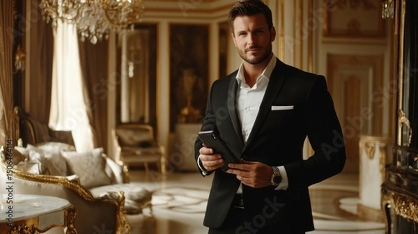 Fototapeta A stylish businessman in a black suit, standing in a luxurious office, holding a smartphone and looking confident.