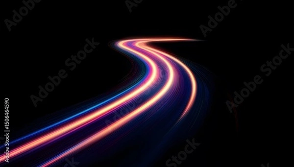 Fototapeta A neon light path on a black background, with purple glowing lines in motion blur leading to the horizon. An abstract, futuristic technology or speed