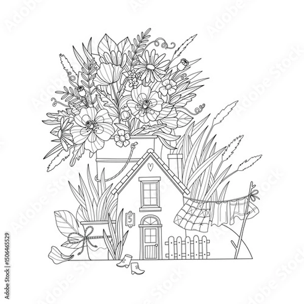 Fototapeta lack and white line illustration of a charming small house surrounded by poppy flowers, coloring pages