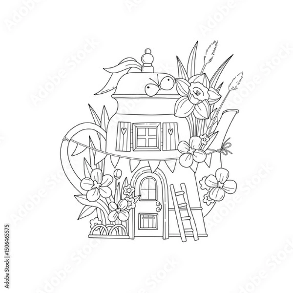 Fototapeta Black and white line illustration of a charming tiny teapot house surrounded by early spring flowers.creative projects