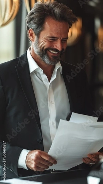 Fototapeta A stylish businessman with a sharp beard, wearing a crisp white shirt and black blazer, smiling while reviewing documents in a sleek workspace.