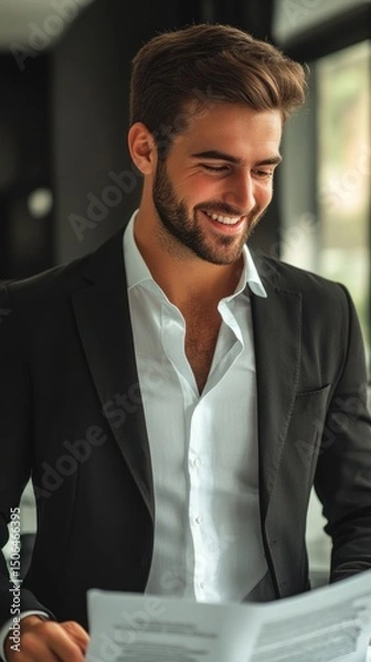 Fototapeta A stylish businessman with a sharp beard, wearing a crisp white shirt and black blazer, smiling while reviewing documents in a sleek workspace.