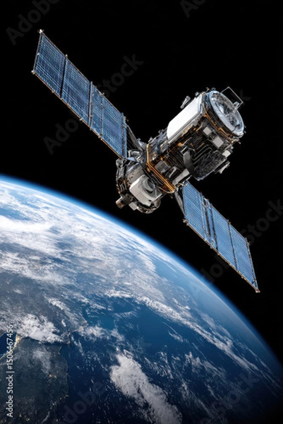 Fototapeta Satellite orbiting Earth representing global monitoring, space technology, and data transmission