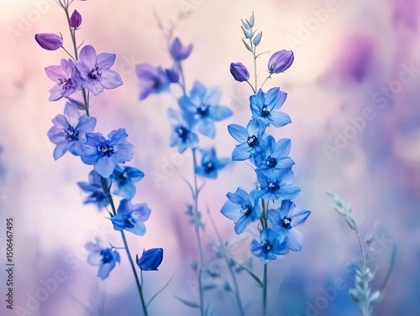Obraz Close-up of Larkspur flowers, tall spikes of vibrant blue and purple blooms