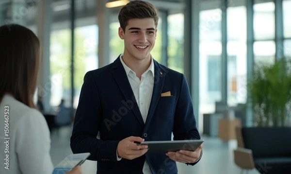 Fototapeta A young businessman in a navy blazer, standing in a modern office, holding a tablet and smiling while discussing with a coworker.