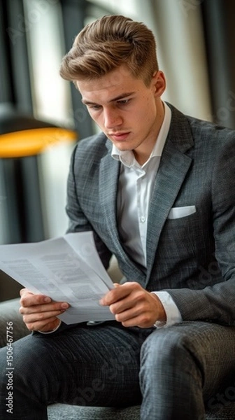 Fototapeta A young businessman in a tailored suit, sitting on a modern office couch, reviewing a document with a focused expression.
