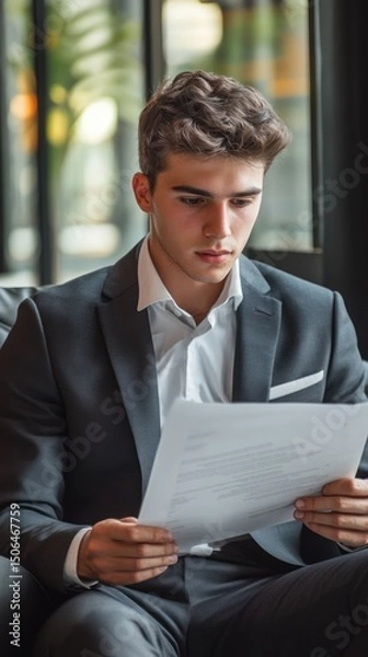 Fototapeta A young businessman in a tailored suit, sitting on a modern office couch, reviewing a document with a focused expression.