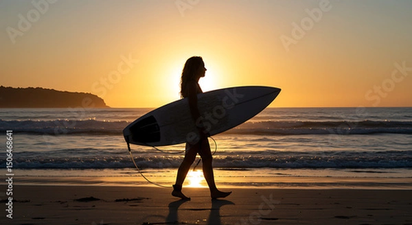 Obraz Silhouette of a surfer walking on the beach at sunset carrying a surfboard