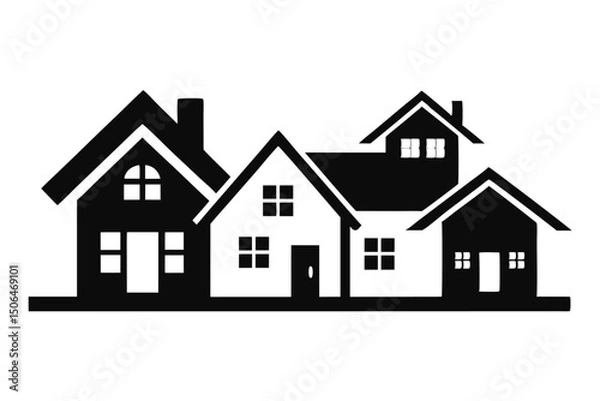 Fototapeta Black and White Illustration of Houses with Varied Roof Styles and Windows