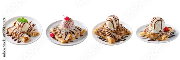 Fototapeta Set of Crepes with ice cream flavor on a white plate isolated on a transparent background
