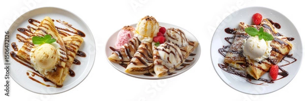Fototapeta Set of Crepes with ice cream flavor on a white plate isolated on a transparent background