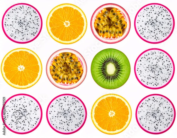 Obraz “A series of eight high-res PNGs of sliced fruits—dragon fruit, passionfruit, kiwi,