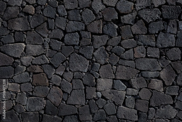 Fototapeta Close-up and frontal view of a rustic basalt stone wall with rough texture and organic pattern, ideal as architectural or design background.