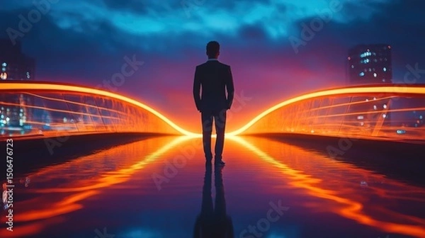 Fototapeta A business leader standing in front of a bridge made of light, guiding others 