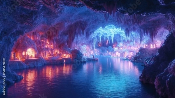 Fototapeta A futuristic village built within a neon-lit crystal cave, advanced earth civilization 