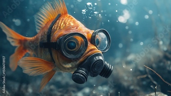 Fototapeta A surreal image of a fish wearing a gas mask, symbolizing water pollution