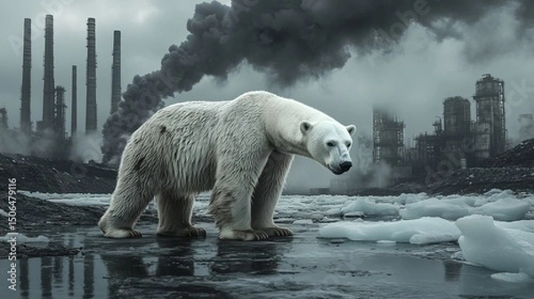 Fototapeta A polar bear standing on melting ice, surrounded by black clouds of industrial smoke 