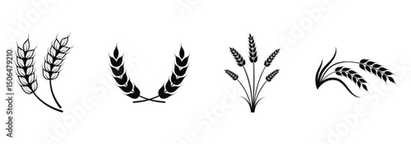 Obraz Farm wheat ears icon set. Durum wheat pasta label. Bakery logo. Organic wheat grain icon. Stylized black icons of wheat for print, product packaging, and agricultural business branding.