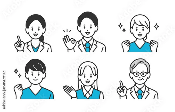 Fototapeta ポジティブな医者･看護師･医療事務の男女上半身セット【人物ベクターイラスト素材】