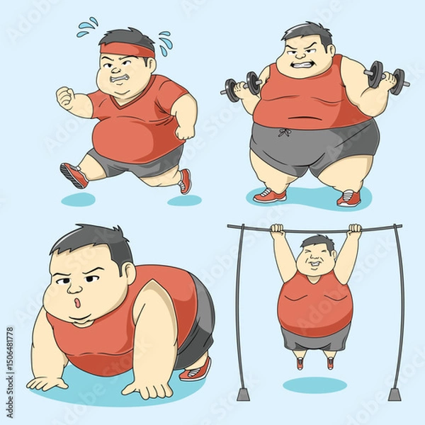 Obraz A Fat Man Exercising In Various Ways To Lose Weight, Flat Style Illustration Of Healthy Life Concept