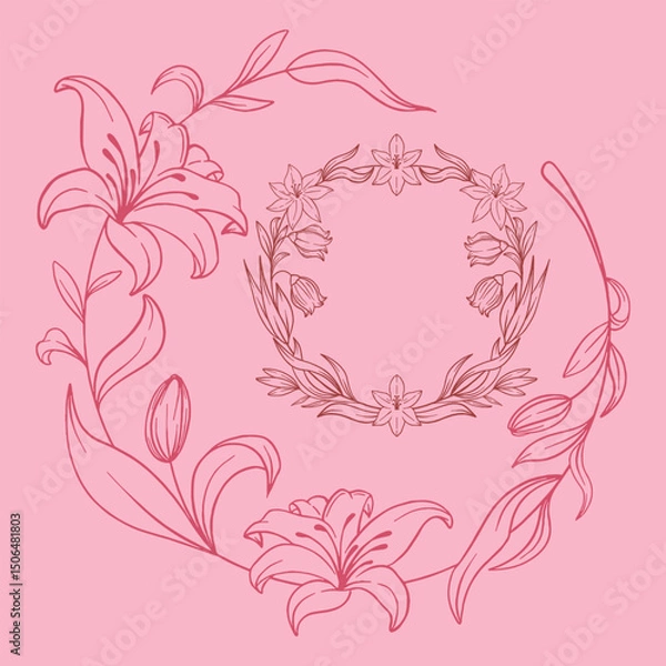 Obraz Elegant Floral Line Art Illustration Featuring Lilies and Bouquet on Soft Pink Background