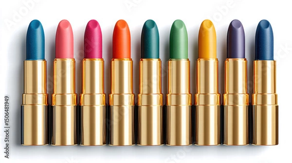 Fototapeta A row of colorful lipsticks are lined up on a white background
