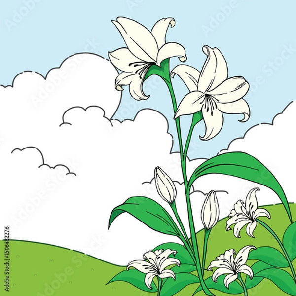 Obraz White Lilies Blooming on a Sunny Hillside, illustration with a natural concept in flat style