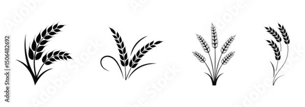 Obraz Wheat icon set. Collection of black wheat ear silhouettes, ideal for agriculture logos, organic product labels, and rural themed designs. Vector illustration. EPS 10