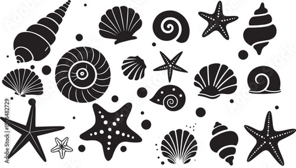 Fototapeta Black and White Seashell and Starfish Silhouette Vector Design