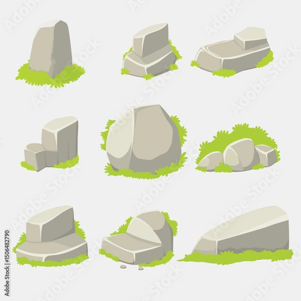 Obraz clipart of various shapes of stones with grass in flat style, illustration with nature concept