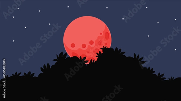 Obraz Red Full Moon behind the silhouette of leaves with starry sky, nature concept background