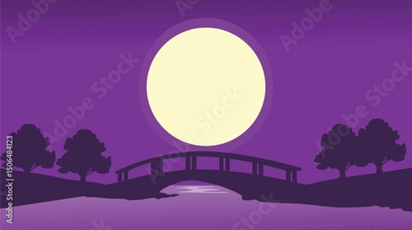 Obraz Silhouette of Bridge Under Big Moon and Silhouette of Trees, background with nature concept