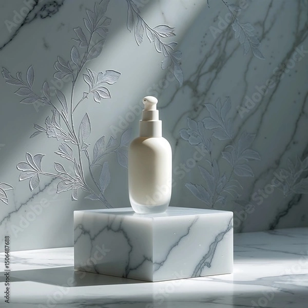 Fototapeta Minimalist Skincare Bottle on Acrylic Platform with Matte Marble Backdrop and Soft Floral Engraving under Diffused Luxury Lighting