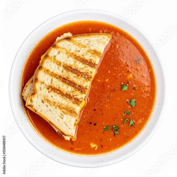 Obraz Grilled cheese sandwich with tomato soup isolated on white background for comfort lunch or cafe concept