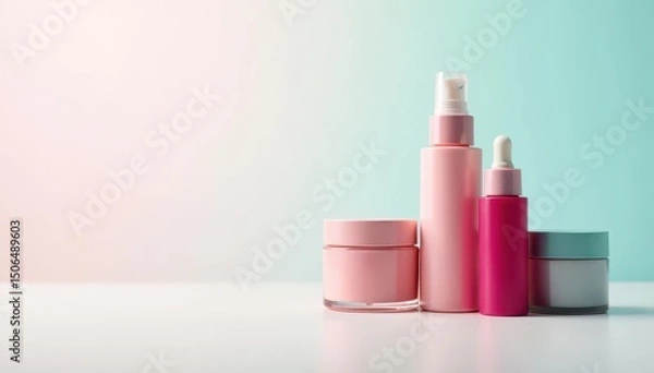 Fototapeta Various cosmetic containers on white backdrop , minimal, simple
