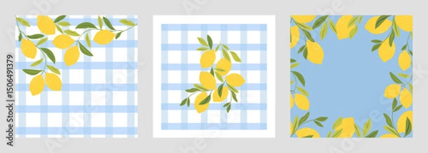 Obraz Lemon cards. Cards with branches and lions. Lemon fruit with floral background. Set of lemon elements for wedding invitations, greeting cards, vouchers, brochures and banner designs.