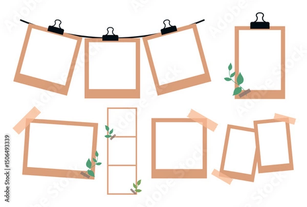 Fototapeta Aesthetic Polaroid Photo Frame Collection with Leaves – Flat Vector Design, polaroid photo frame