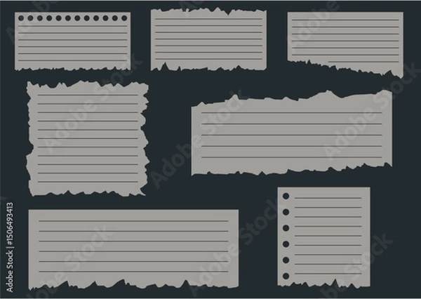 Fototapeta Torn Lined Paper Notes Collection – Vintage Scrapbook Style Vector, A set of torn notebook paper pieces with lines and perforated edges.