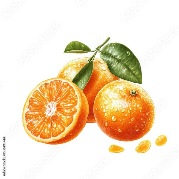 Obraz Fresh mandarin fruit with green leaves and droplets on a Transparent background showcasing its natural beauty, Mandarin fruit isolated on PNG background