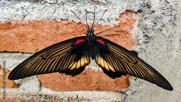 Fototapeta Macro photo of black butterfly with red and yellow markings perched on textured brick wall, ideal for nature themes, biology, and educational content.