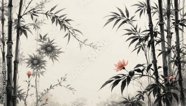 Obraz A serene depiction of bamboo and blossoms in a muted palette.