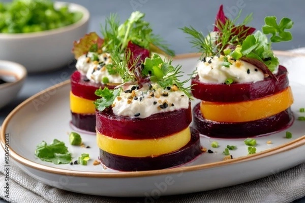 Obraz Beetroot and yellow tomato stacks with goat cheese and dill dressing
