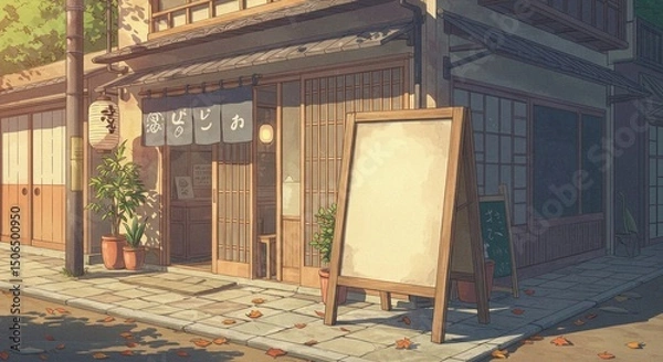 Obraz Anime Style Japanese Restaurant Facade with Blank A-Board Sign Mockup at Sunset