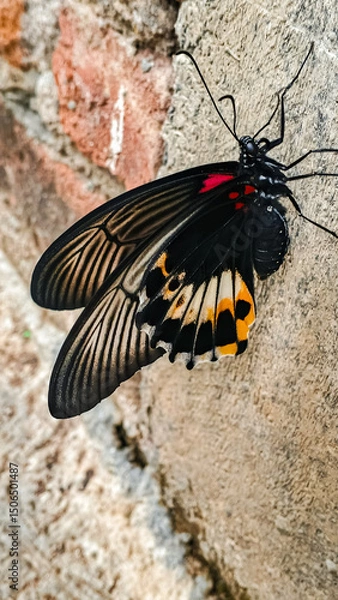 Fototapeta Vertical macro shot of vibrant black butterfly with red, yellow, and white wings resting on a textured wall, perfect for nature, science, or educational content.
