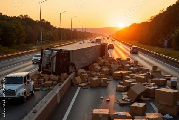 Obraz Cargo spill on a highway at sunset.